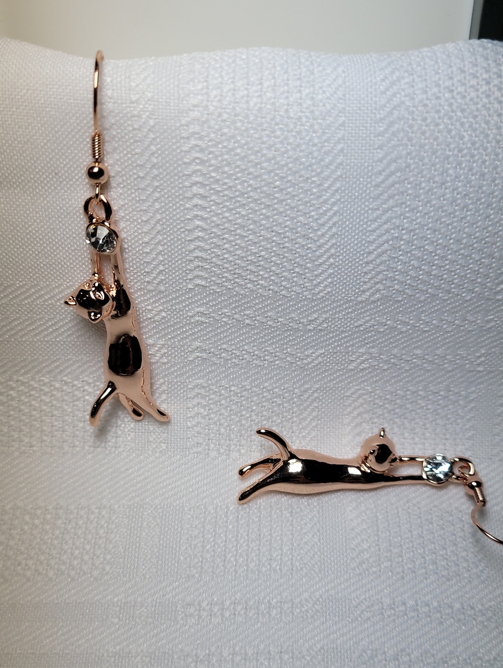 Rose Gold Cat Dangle Earrings with Clear Crystals NIB